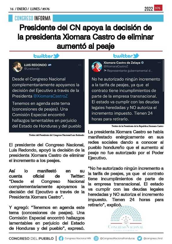 Presidente del CN apoya la decisión de la presidenta Xiomara Castro de eliminar aumentó al peaje